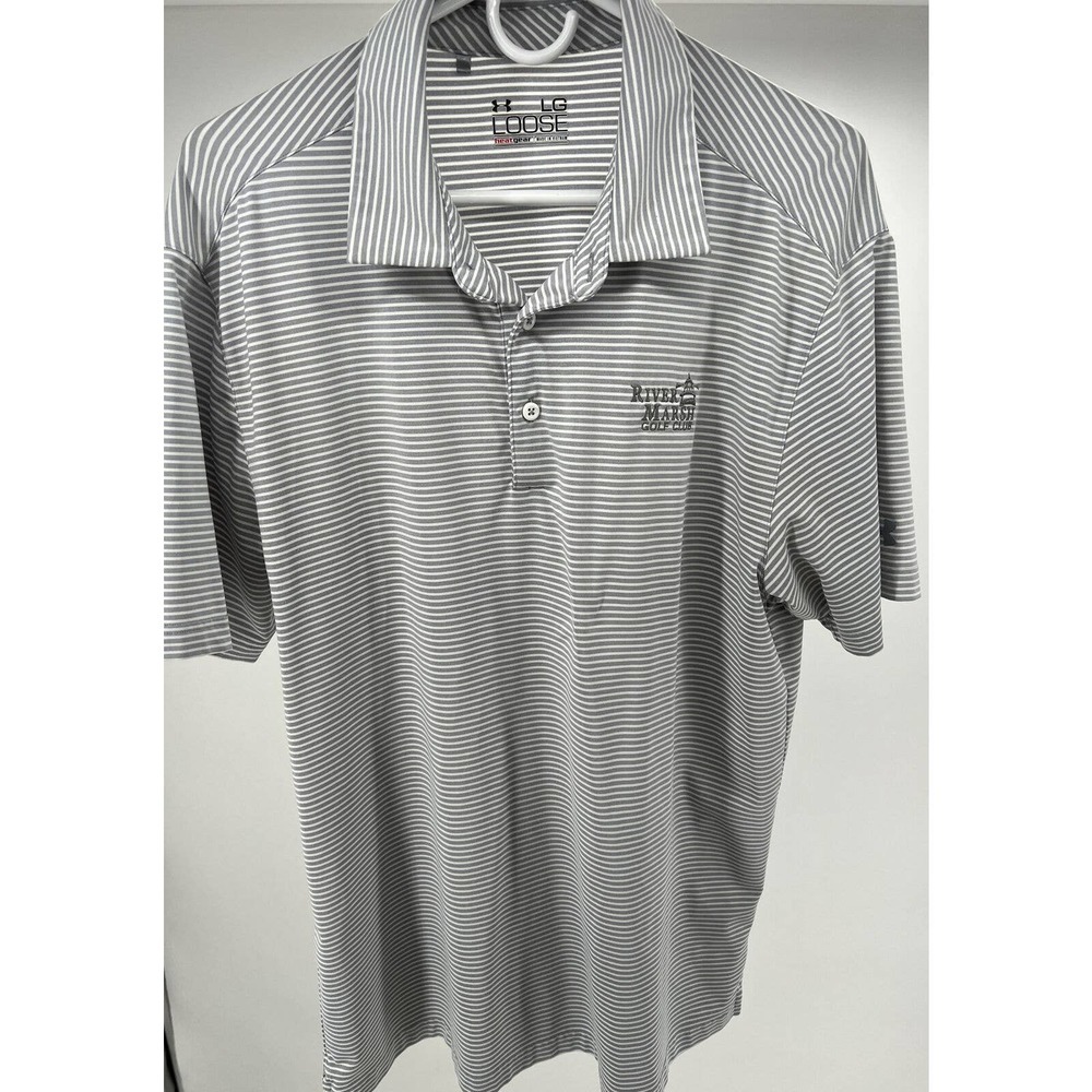 Under Armour Loose Heat Gear Mens White Gray Striped Short Sleeve Polo Shirt L - Picture 1 of 6